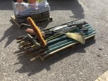 PALLET OF ASST T POSTS, BROOMS, MISC