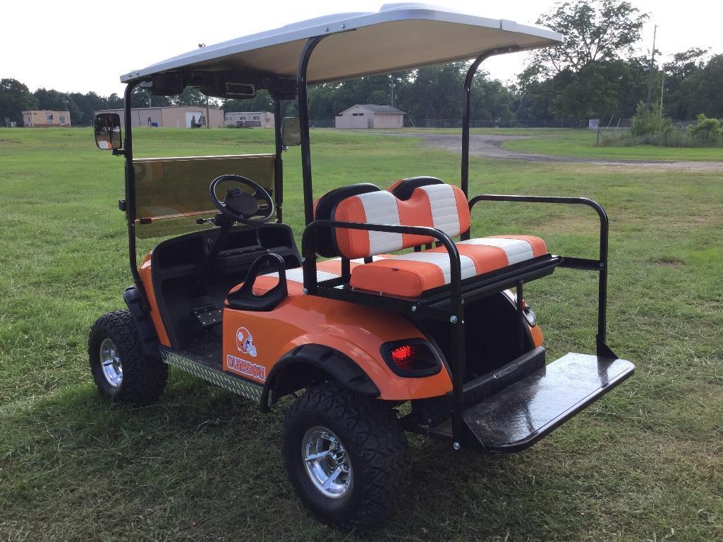 EZ GO ELECTRIC GOLF CART (CUSTOM CLEMSON SCHEME, VIN-3212718, LIFT KIT, EXTENDED TOP, LED