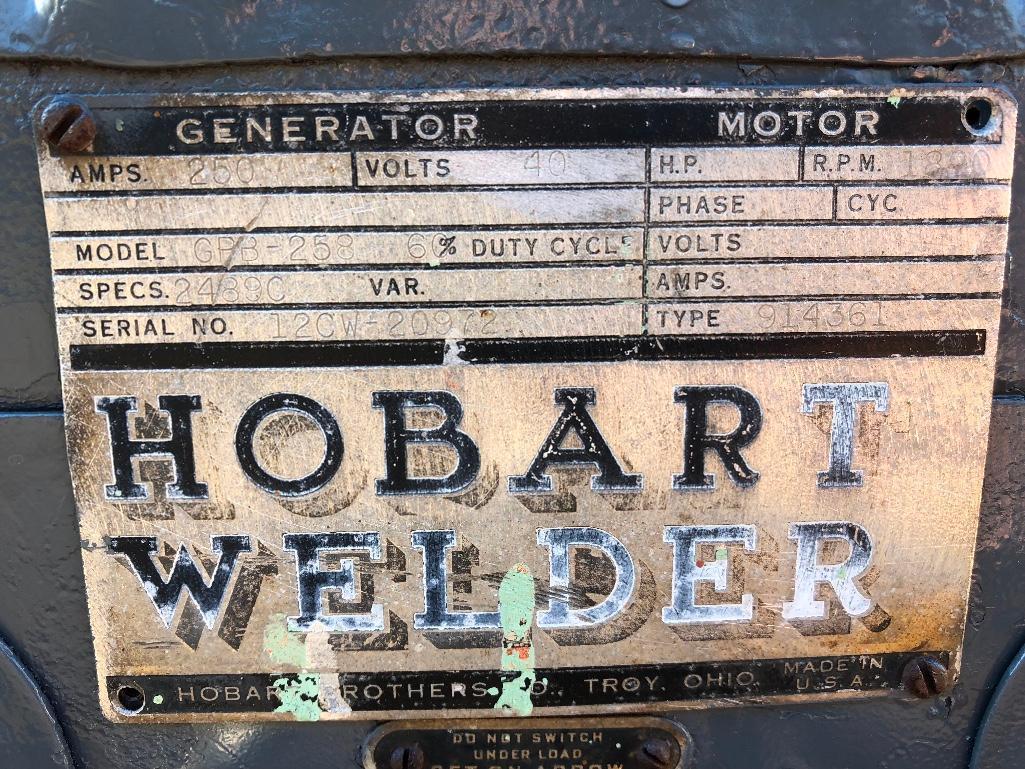 HOBART 250 AMP WELDER MOUNTED ON 6' X 12' SINGLE AXLE TRAILER-NO TITLE