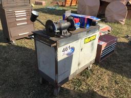 METAL CABINET W/BENCH GRINDER & CONTENTS