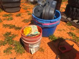 BUCKET OF INSULATIORS, PLASTIC TUBS, FENCE TAPE