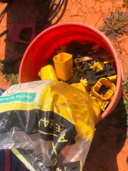 BUCKET OF INSULATIORS, PLASTIC TUBS, FENCE TAPE