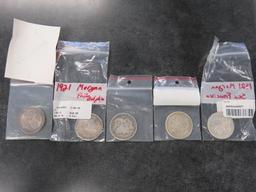 (5) MORGAN SILVER DOLLARS, 1883, 1884, 1892, 1921, 1921