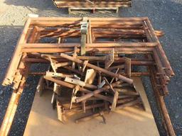 PALLET W/ (3) SCAFFOLDING UPRIGHTS, 78"H X 5'W & (7) 3'H X 5'W SCAFFOLDING UPRIGHTS