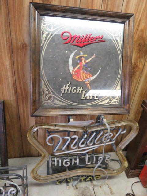 MILLER HIGH LIFE ON TAP NEAN BAR SIGN (WORDS 'ON TAP' DAMAGED) & MILLER HIGH LIFE FRAMED MIRROR