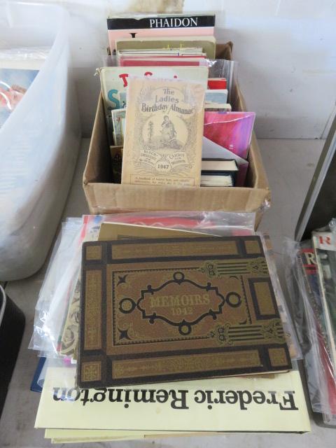 TOTE AND STACK OF ASSORTED OLD BOOKS AND CARDS