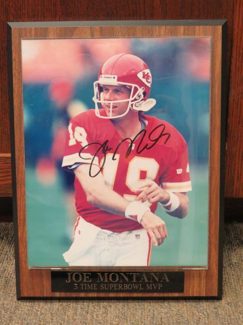 JOE MONTANA 3 TIME SUPER BOWL MVP AUTOGRAPHED 8'' X 10'' PRINT ON WOOD PLAQUE