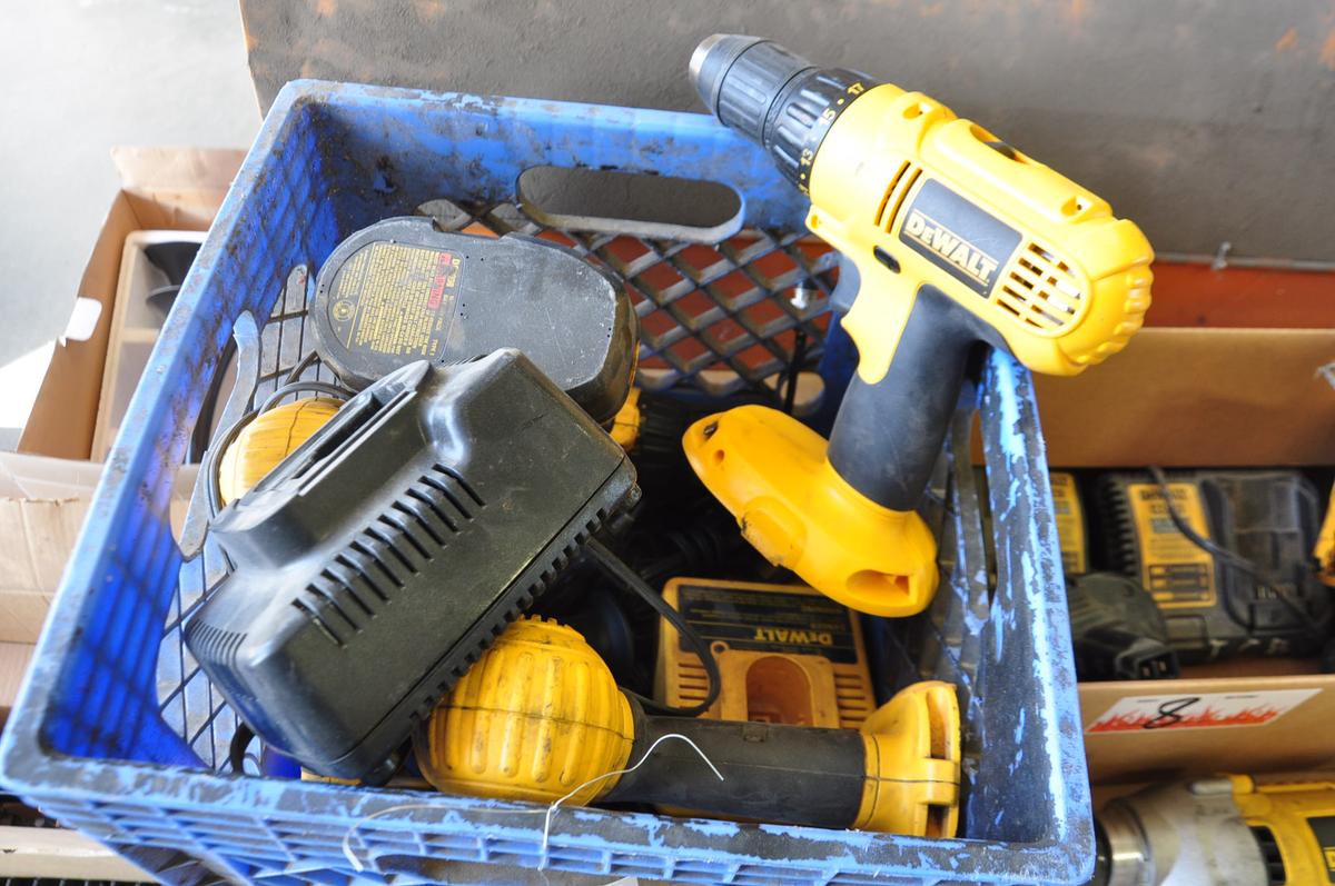 TOTE OF DEWALT CORDLESS DRIVERS AND CHARGERS