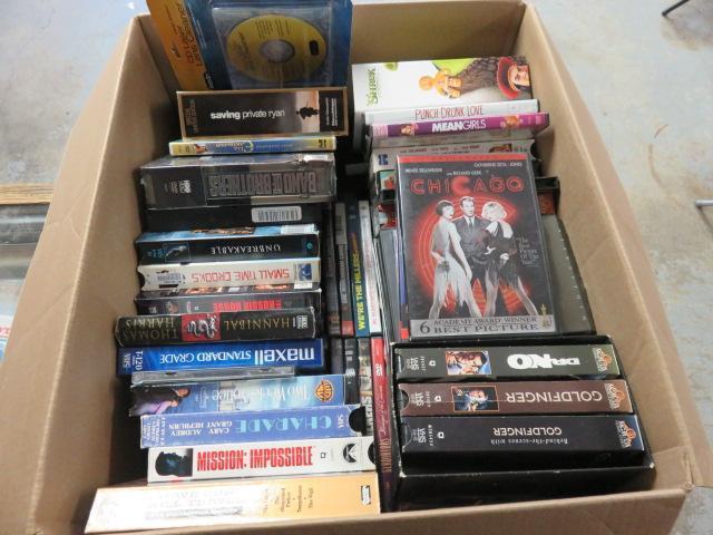 (2) BOXES OF DVD'S, VHS TAPES & AUDIO BOOKS