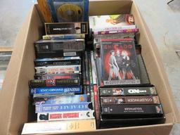 (2) BOXES OF DVD'S, VHS TAPES & AUDIO BOOKS