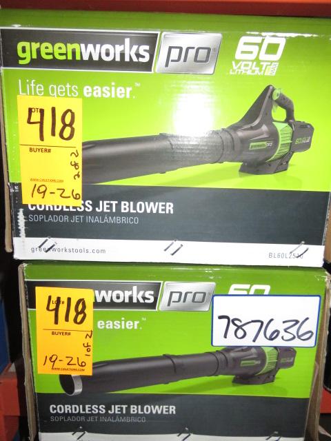 (2) GREENWORKS 60 VOLT CORDLESS JET BLOWER, MDL BL60L2510 (NO BATTERIES)