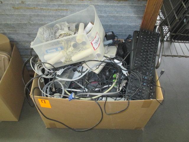 (5) MONITORS & BOX W/ASSORTED ELECTRONICS