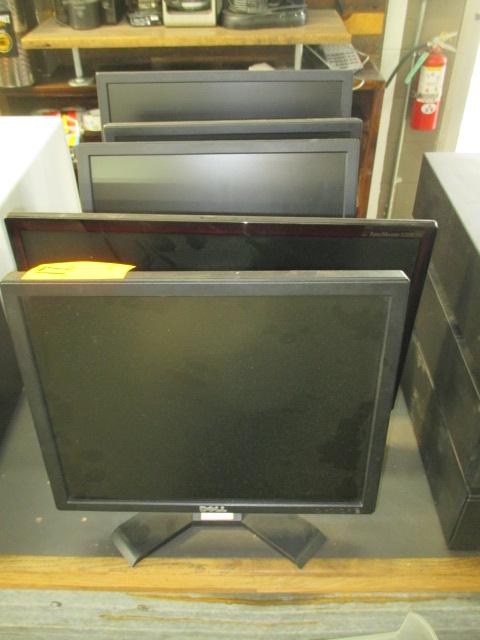 (5) MONITORS & BOX W/ASSORTED ELECTRONICS