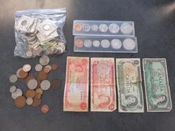 LOT OF ASSORTED FOREIGN COINS & CURRENCY: MOSTLY CANADA & BRITISH, SOME OLDER EUROPEAN