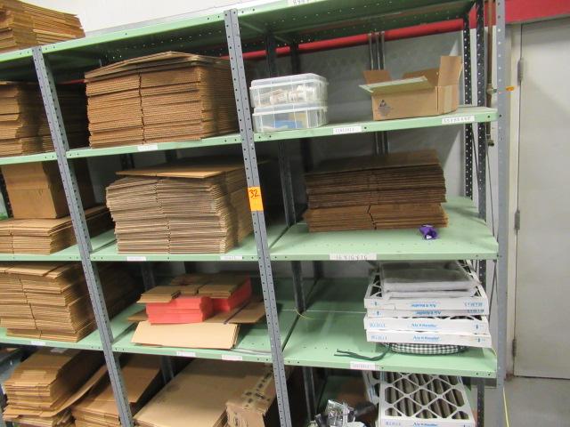 (4) SECTIONS OF METAL RACKING W/ASSORTED SIZE UNUSED CARDBOARD BOXES