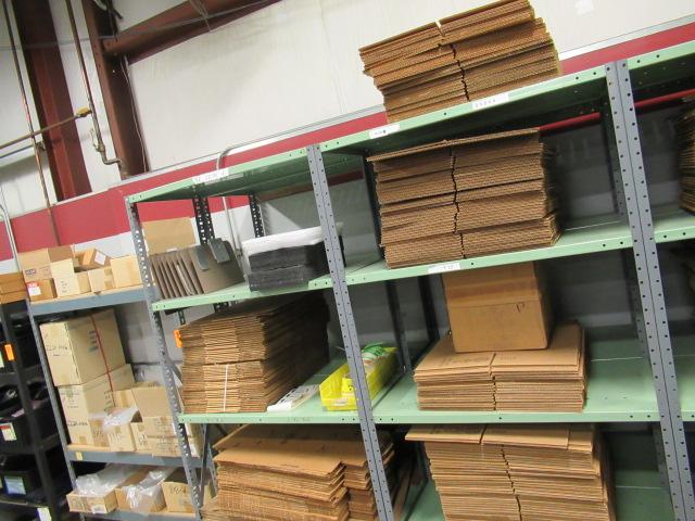 (4) SECTIONS OF METAL RACKING W/ASSORTED SIZE UNUSED CARDBOARD BOXES