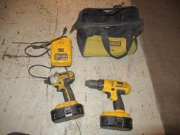 DEWALT TOOLBAG W/ DEWALT CORDLESS DRILL, DEWALT CORDLESS IMPACT, (2) BATTERIES & CHARGER