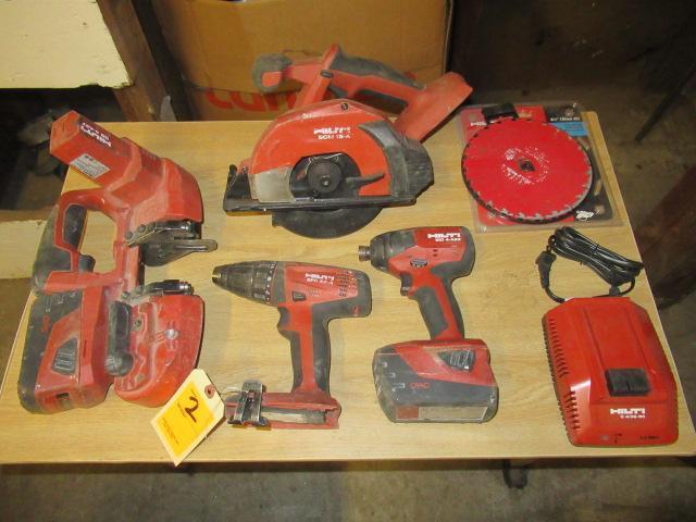 HILTI 22V CORDLESS TOOLS - IMPACT DRIVER, DRILL, BAND SAW, CIRCULAR SAW, CHARGER & (2) BATTERIES