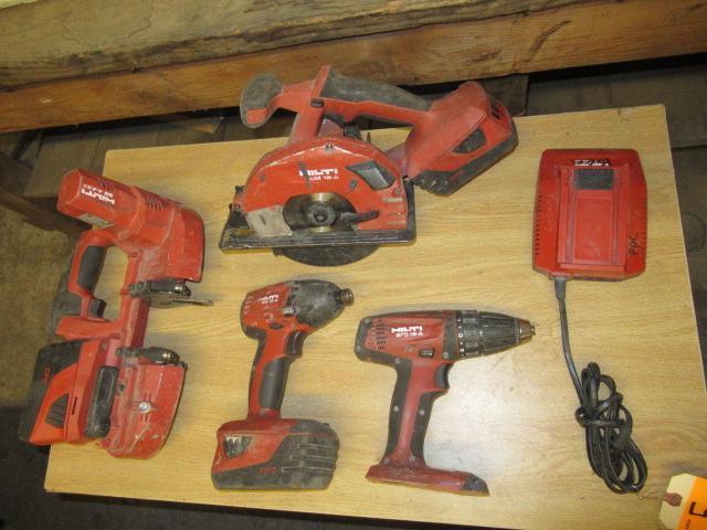 HILTI 22V CORDLESS TOOLS - IMPACT DRIVER, DRILL, BAND SAW, CIRCULAR SAW, CHARGER & (3) BATTERIES