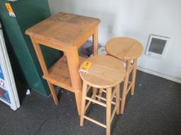 (2) WOOD STOOLS & (2) WOOD TABLES