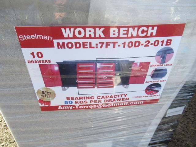 2021 STEELMAN 7' WORKBENCH W/ (10) DRAWERS, & (2) STORAGE CAINETS W/ ANTI SLIP MATS (UNUSED) (RED IN