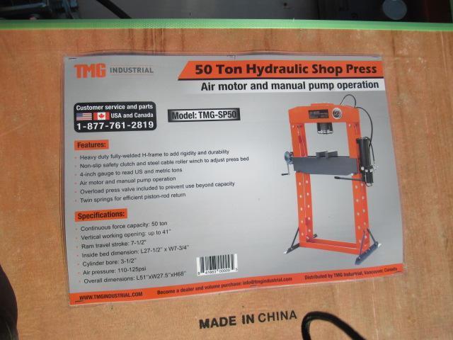 TMG-SP50 50 TON HYDRAULIC / AIR SHOP PRESS W/ ADJUSTABLE BED (UNUSED IN CRATE)