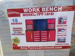 2021 STEELMAN 7' WORKBENCH W/ 18 DRAWERS, 4 STORAGE CABINETS & ANTI SLIP MATS