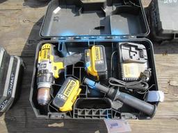 (2) DEWALT DRILLS EACH W/ (2) BATTERIES, CHARGER & HANDLE IN CASE