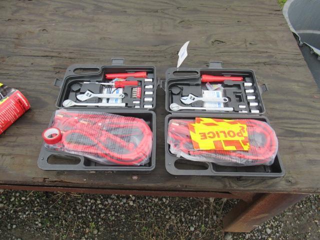 (2) EMERGENCY TRAVEL KITS W/ JUMPER CABLES, WRENCHES, SOCKETS, TAPE & HELP SIGNS