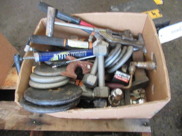 BOX W/ (2) HITCHES, WEIGHTS & ASSORTED HAND TOOLS