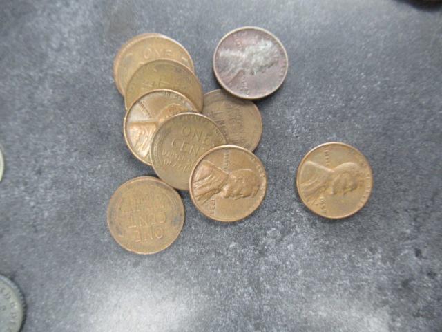 ASSORTED NICKELS, DIMES, WHEAT PENNIES, FOREIGN COINS & RING *MISSING STONE