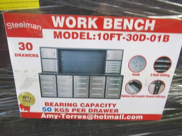 2022 STEELMAN 10' WORKBENCH W/30-DRAWERS, ANTI-SLIP MATS USING 3-RAIL SLIDERS