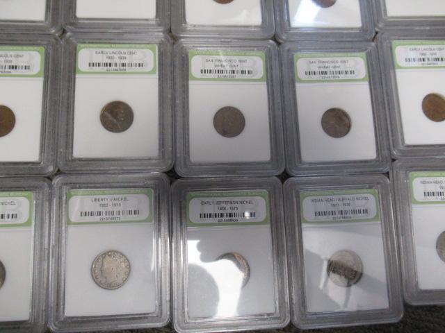 ASSORTED COINS - (5) BUFFALO NICKELS, (6) JEFFERSON NICKELS, (22) WHEAT PENNIES, (4) 1943 LINCOLN