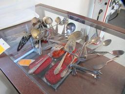 ASSORTED ANTIQUE SILVERWARE FORKS, KNIVES, SPOONS