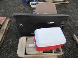SANYO MINI REFRIGERATOR, MICROWAVE, (4) FOLDING CHAIRS, COOLER, SIGN