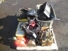 MOTORCYCLE HELMET, OXY ACETYLENE KIT, & ASSORTED HAND TOOLS, SOCKET SETS, & GAS CANS