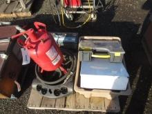 CENTRAL PNEUMATIC SMALL TANK SAND BLASTER, FIRST AID CABINET, CASE OF ASSORTED NUTS & BOLTS, &