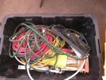 BIN W/ ASSORTED HAND TOOLS, HARDWARE, EXTENSION CORDS, DRILL BITS