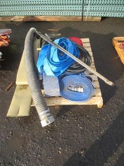 LAY FLAT HOSE, 4' SUCTION HOSE, (2) SPRAY WANDS, & ASSORTED FITTINGS & CLAMPS