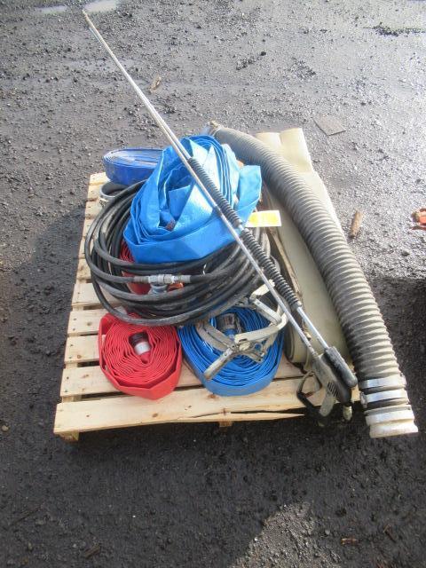 LAY FLAT HOSE, 4' SUCTION HOSE, (2) SPRAY WANDS, & ASSORTED FITTINGS & CLAMPS