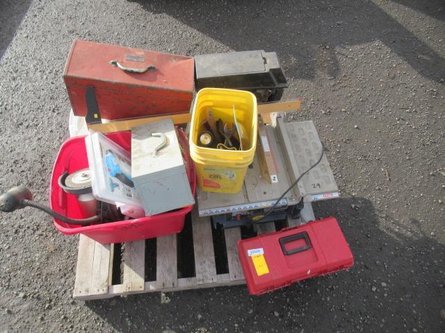 RYOBI TABLE SAW, SKIL DRILL PRESS, & ASSORTED TOOL BOXES & TOTES W/ TOOLS