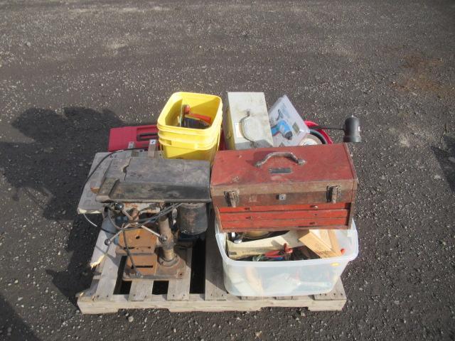 RYOBI TABLE SAW, SKIL DRILL PRESS, & ASSORTED TOOL BOXES & TOTES W/ TOOLS