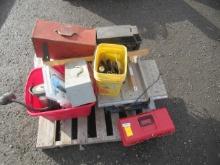 RYOBI TABLE SAW, SKIL DRILL PRESS, & ASSORTED TOOL BOXES & TOTES W/ TOOLS