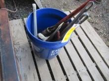 BUCKET W/ (3) PIPE WRENCHES & ASSORTED CONCRETE FINISHING TOOLS