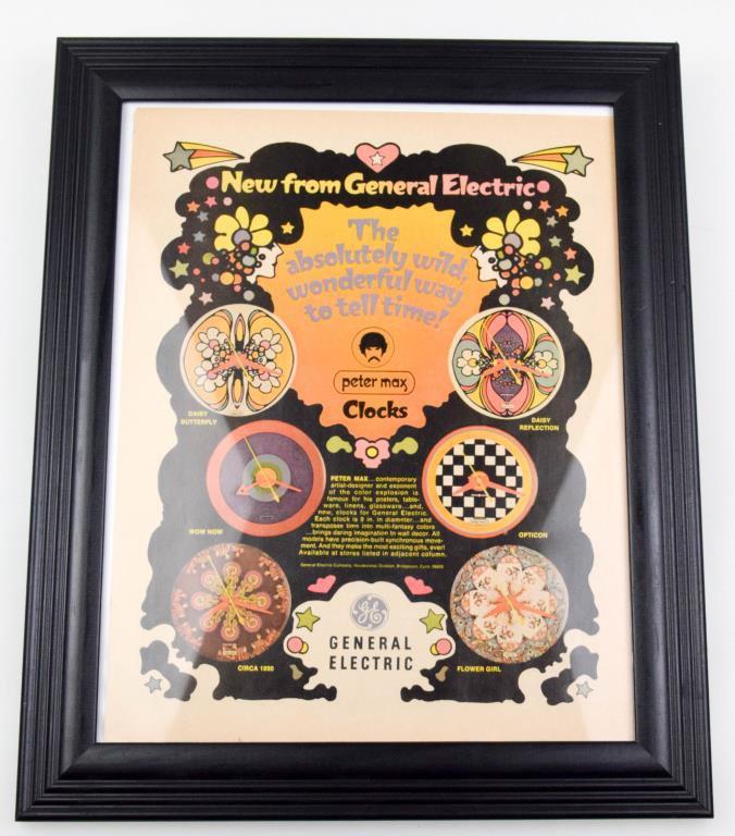 Vintage General Electric/Peter Max Framed Clock Advertisement