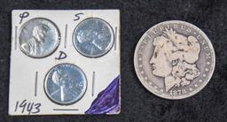 1879 S Morgan Silver Dollar & 3) 1943 pennies