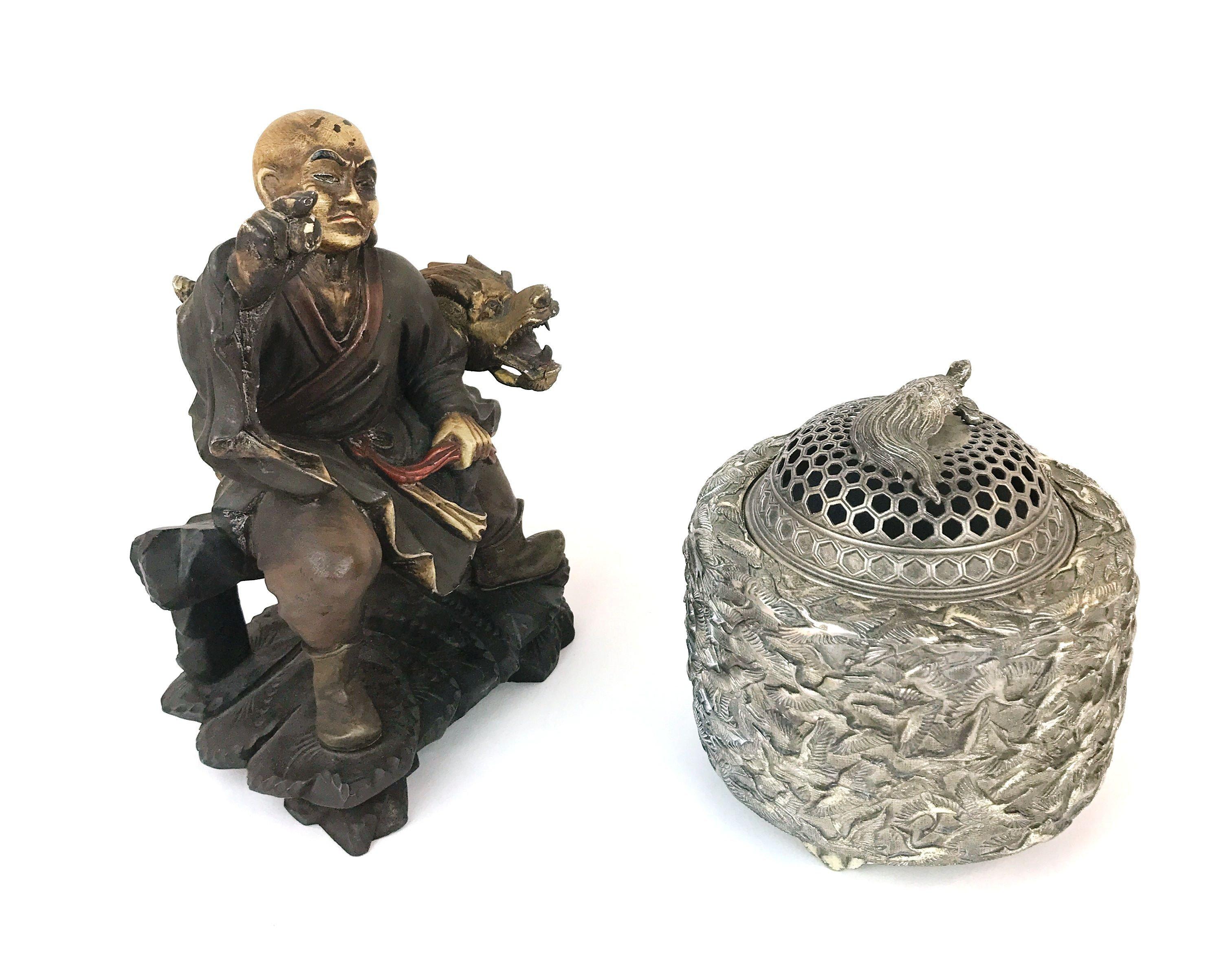 Vintage Oriental Incense Burner and Wood Carved Oriental Figure with Dragon Serpent Scuplture