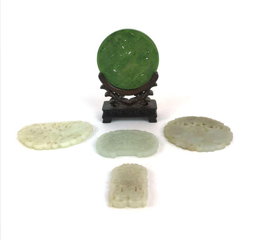 Collection of 5 Antique Oriental Asian Jade Stone Carved Symbolic Carvings