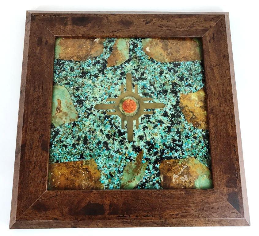 Original Turquoise, Gemstone, Stone and Brass Framed Art Signed "Barreiro 2008"