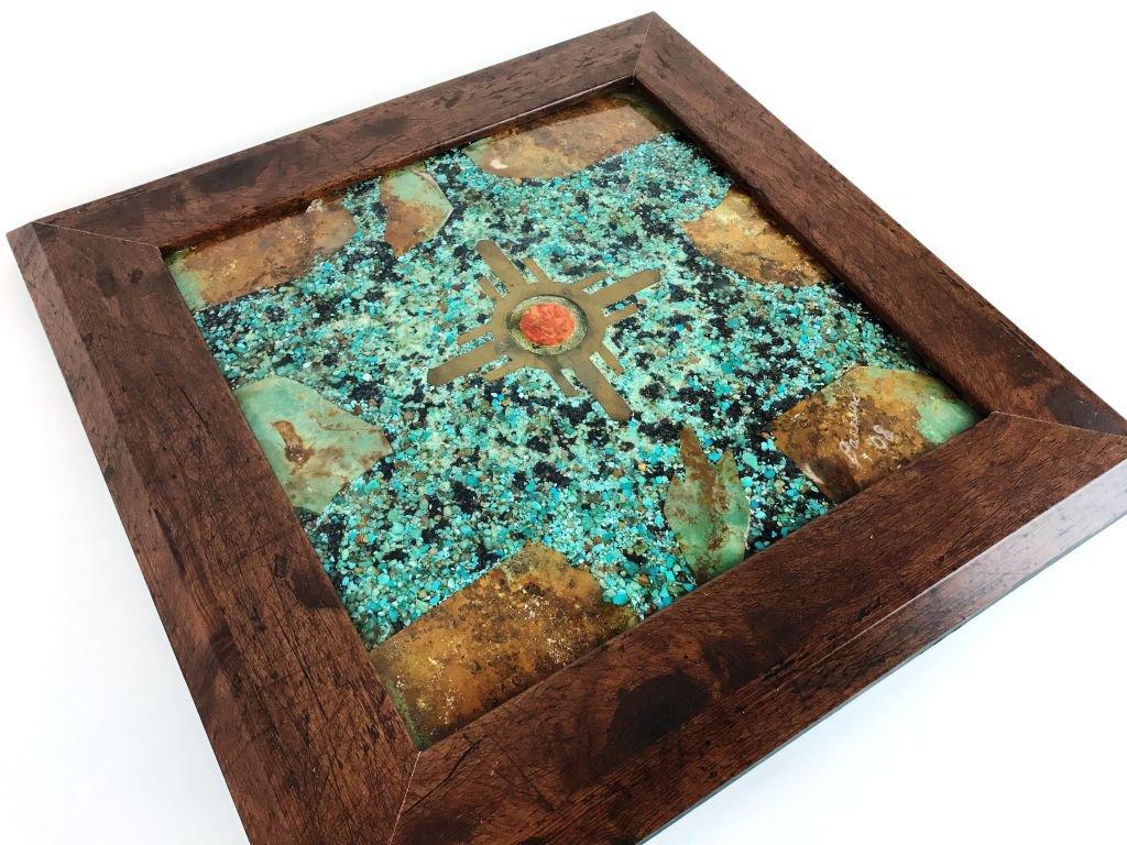 Original Turquoise, Gemstone, Stone and Brass Framed Art Signed "Barreiro 2008"